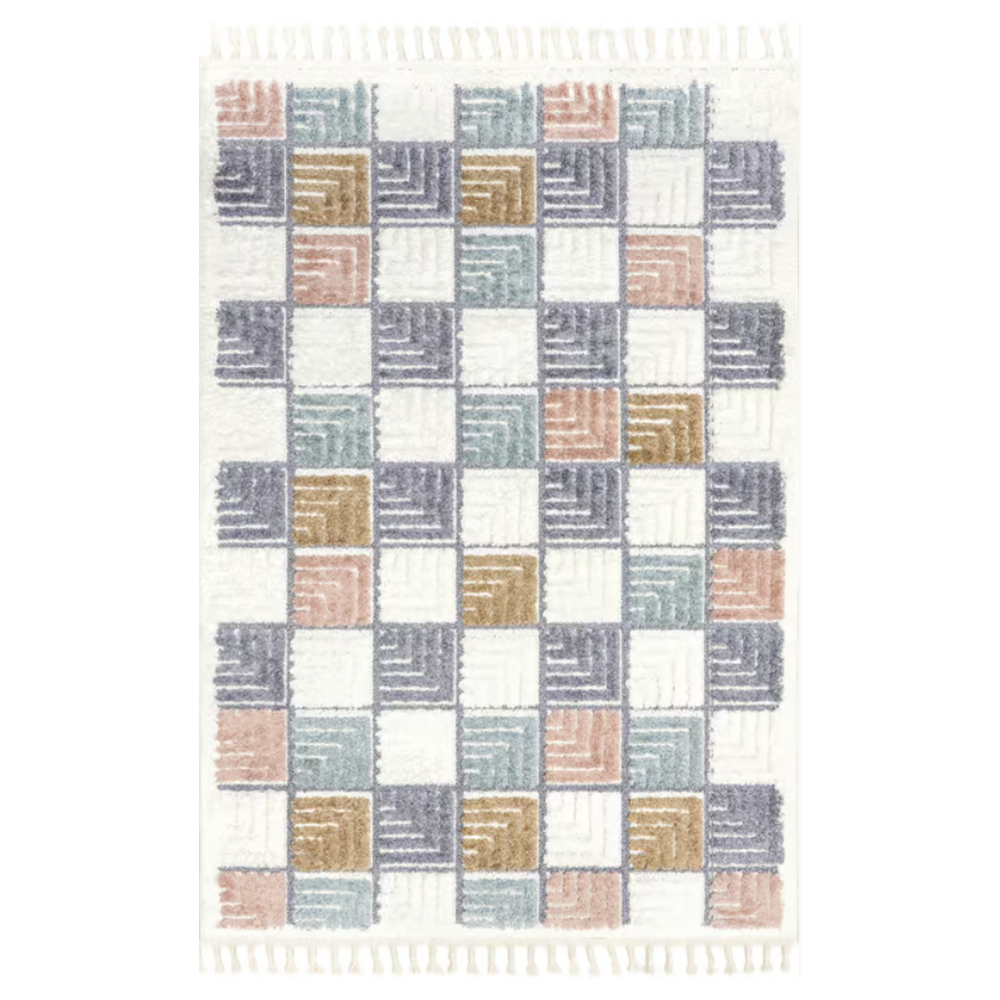 beige checkered area rug